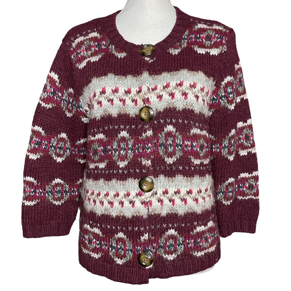 Wool Alpaca Cardigan L Fair Isle Abstract Pattern Burgundy Red White Sweater